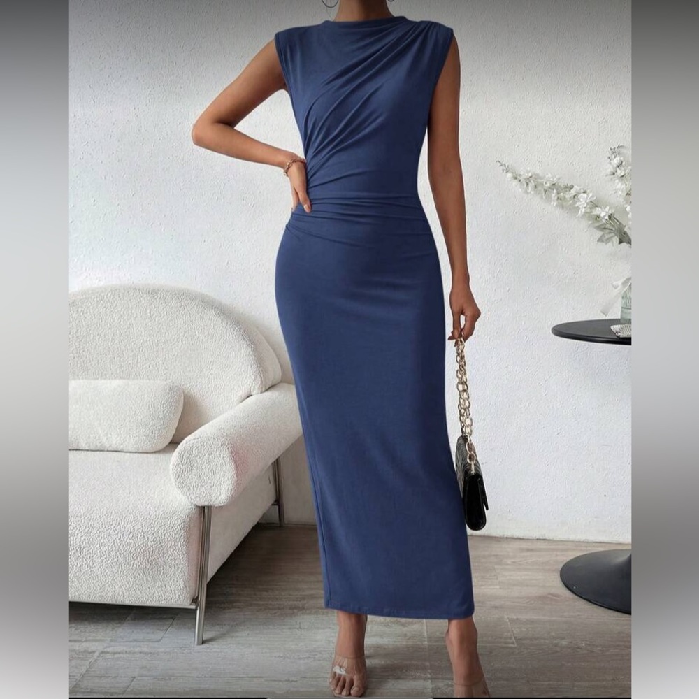 Elegant Dusty Blue Sleeveless Draped Bodycon Maxi Dress